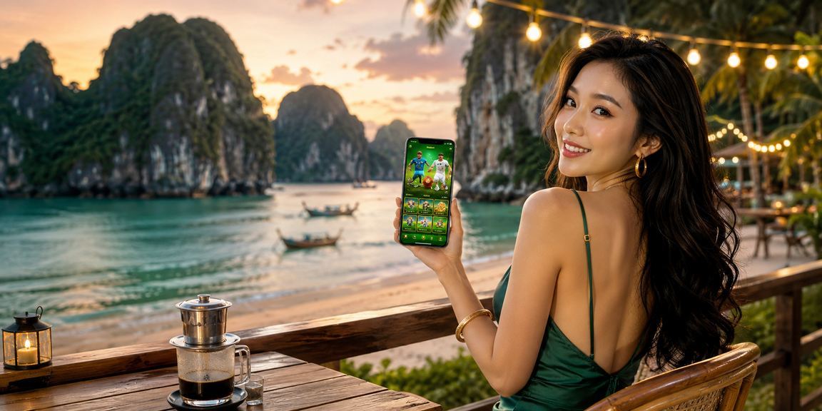 Người dùng Ninh Bình tra cứu phân tích thể thao trên điện thoại bên ly cà phê sáng